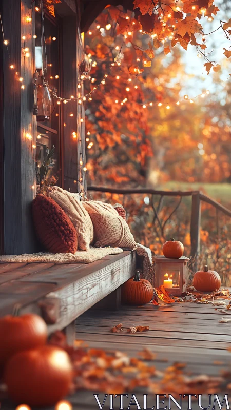 Rustic porch in warm autumn bokeh with pumpkins and lights.