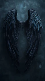 Dark feathered wings on textured blue shadowed wall.