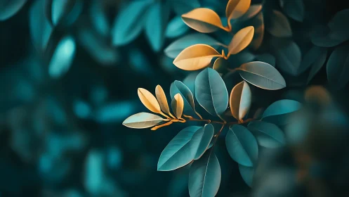 Bokeh-isolated teal foliage with warm-toned emerging leaves