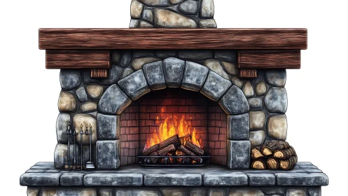 Rustic Stone Fireplace with Roaring Flames and Wood Details