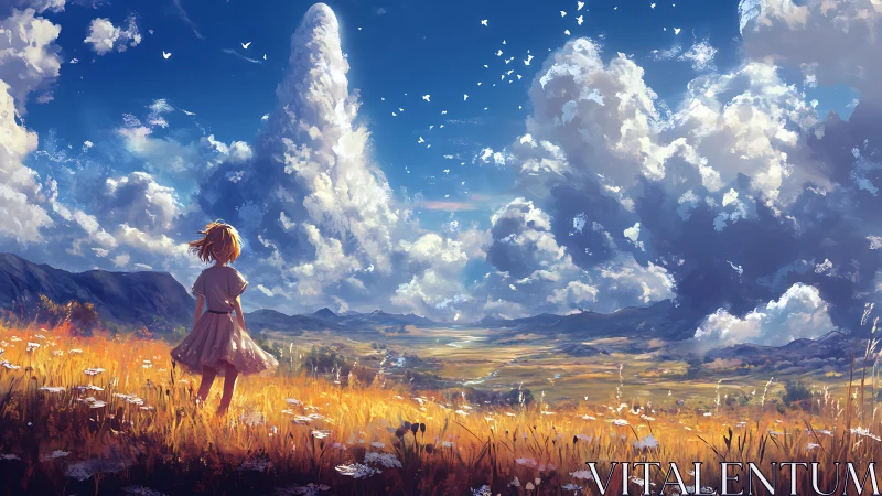 Girl in golden field under towering summer clouds.