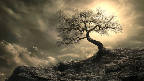 Lonely twisted tree clings to rocky slope under harsh light.