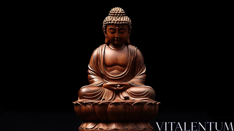 Wooden Buddha sculpture in lotus pose on black background.