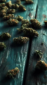 Cannabis buds arranged on weathered teal wooden surface in shallow focus