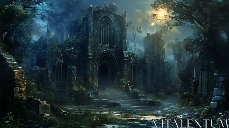Moonlit ruins of a forgotten gothic cathedral breathe mystery
