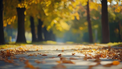 Golden leaves drift along a sunlit parkway in soft focus.