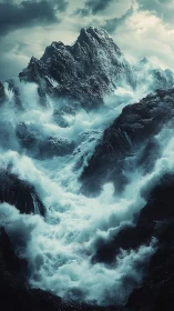 Storm-lashed icy mountain consumed by roaring cascade waters.