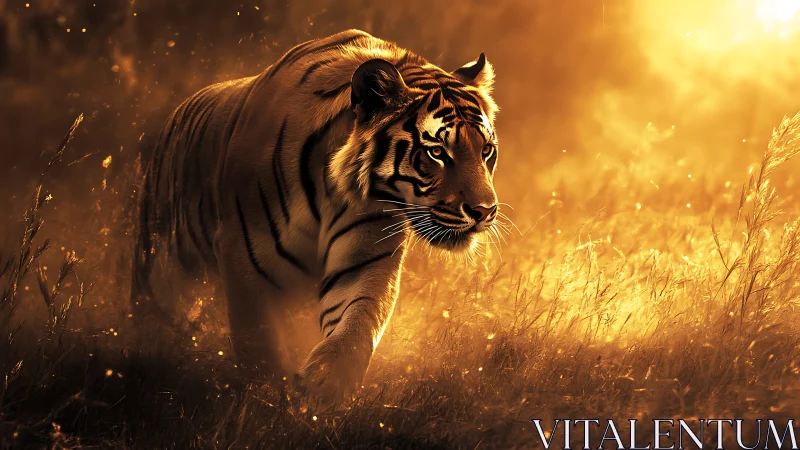 Sunlit tiger striding through glowing golden grassland dusk.