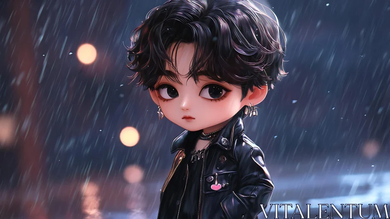 Chibi boy in leather jacket under neon rain at night.