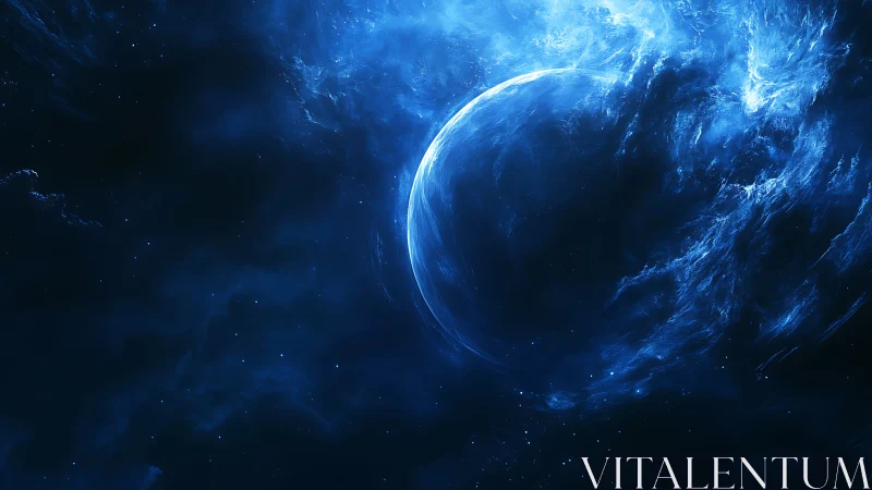 Blue cosmic horizon cradled in swirling starry mist.