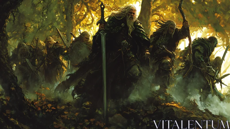 Warriors advance through dense forest with drawn weapons