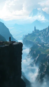 Lone cloaked figure overlooking distant cliffside fortress.