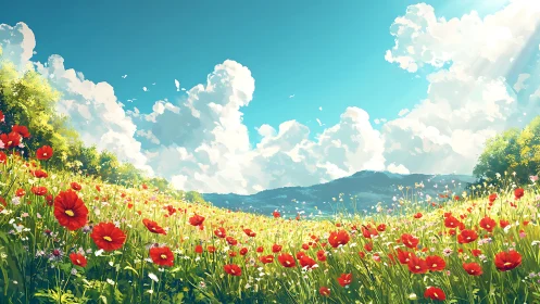 Sunlit wildflower meadow opens to gentle hills and bright sky