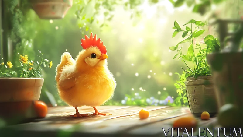 Yellow chick with red comb in garden setting with potted plants.