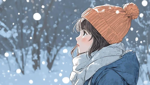 Girl in orange beanie watches falling snow in winter forest