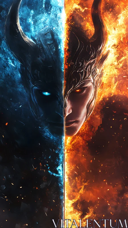 Dual elemental warrior face split by fire and ice energy.