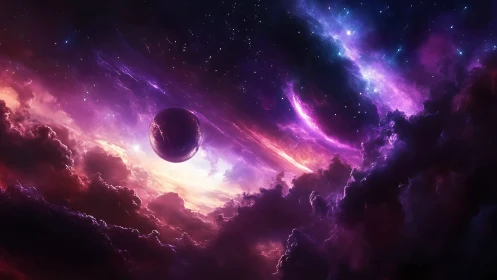 Cosmic nebula vista with eclipsed planet and radiant auroras.