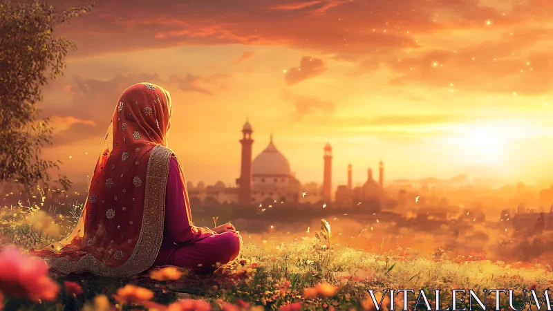 Digital painting of veiled figure at golden mosque sunset.