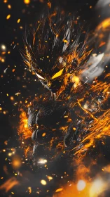 Fiery anime warrior figure amid dark swirling embers.