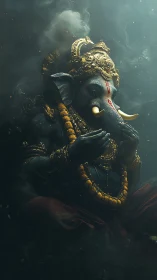 Mystical digital Ganesh idol amid smoke and golden light.