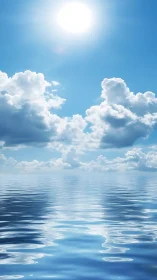 Sunlit ocean horizon under towering cumulus clouds.