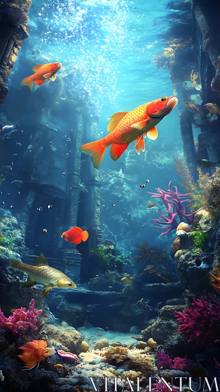 Golden fish drifting through a quiet sunlit ruin reef.