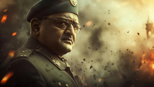 Stoic commander framed by swirling battle embers.