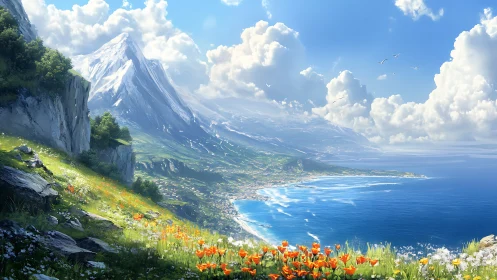 Snow peak overlooks sunlit coast and wildflower meadow.