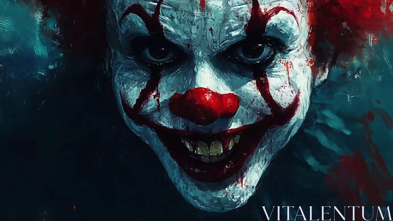 Sinister clown portrait shows grinning blood-smeared face