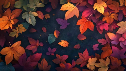 Colorful autumn leaves scattered on dark textured ground.