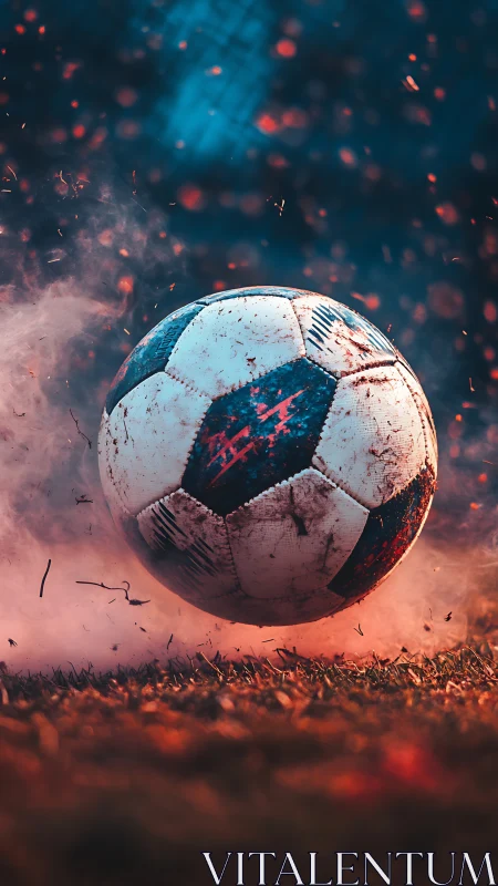 Soccer ball in midair above turf with smoke and sparks.