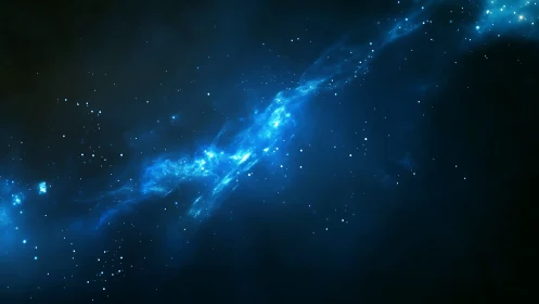 Bright blue nebula cloud stretches across deep space.