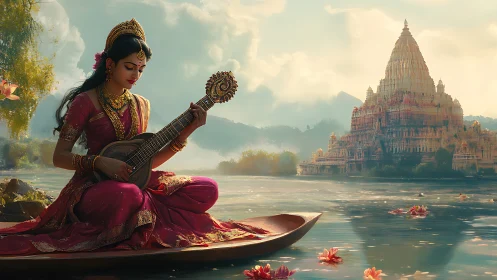 Divine musician on river boat before ornate riverside temple.
