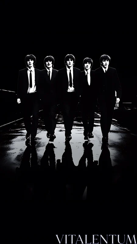 Silhouetted suited figures walking on reflective wet street.