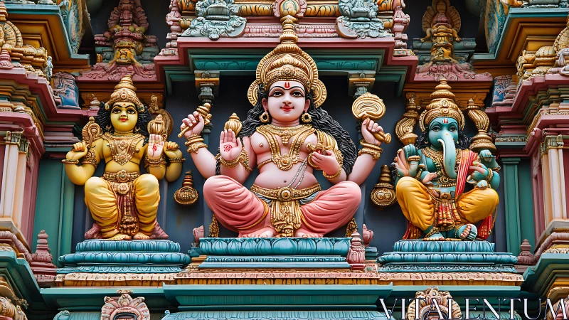 Colorful Hindu temple facade with three ornate deities.