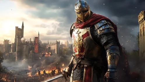 Armored crusader stands before burning medieval fortress in battle