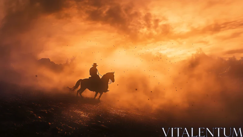 Lone rider carves a burning sunset trail through dust and legend.