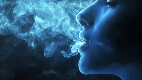 Photorealistic side profile exhaling luminous blue vapor stream.