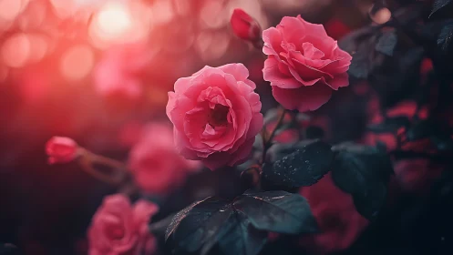 Pink Garden Roses in Soft Focus Bokeh.