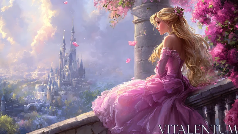 Romantic balcony scene frames princess in layered rose gown