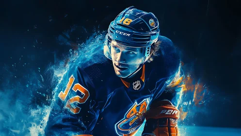 Hockey player skates forward in blue and orange digital artwork