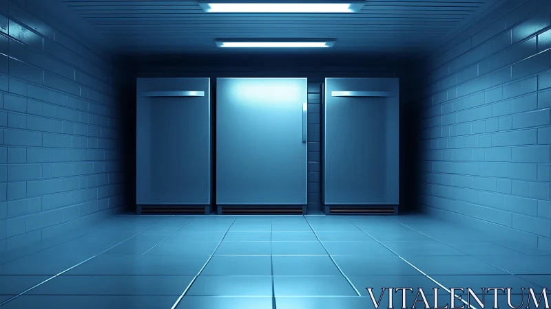Midnight refrigerators stand guard in a neon tiled corridor