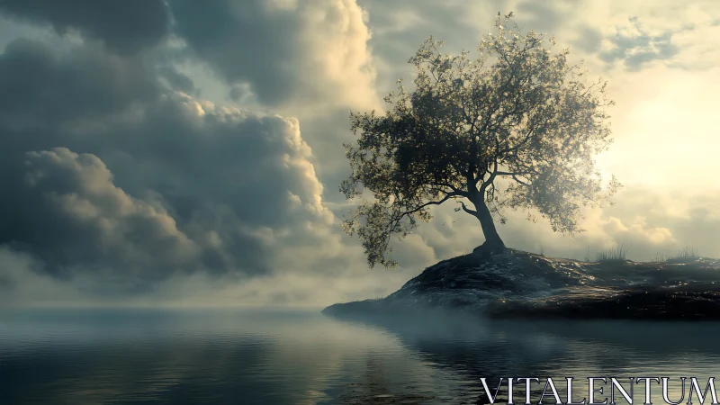Solitary tree on misty lakeshore under dense cloud cover.