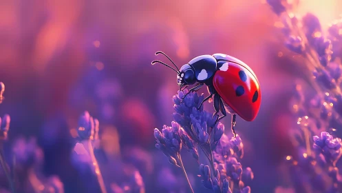 Ladybug rests on lavender flower in shallow depth of field