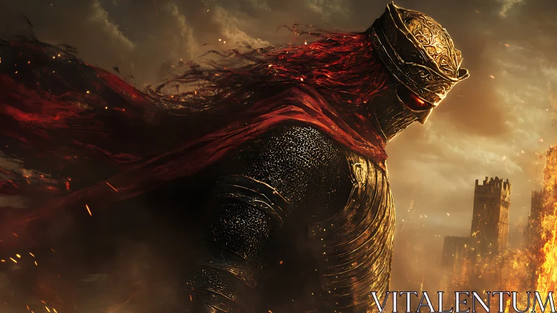 Firelit knight bends through cinders while crimson helm burns