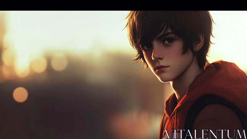 Brooding teen in orange hoodie under soft sunset glow.