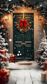 Snowy front door with Christmas wreath and gift boxes.