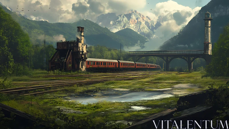 Quiet red train rests in a lush mountain valley station