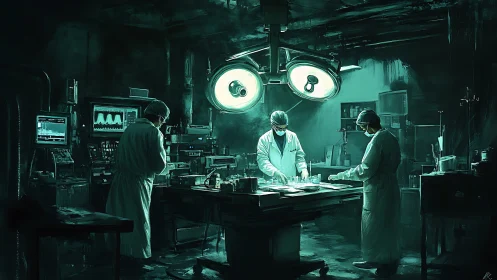 Midnight surgeons gathered under a cool teal glow.