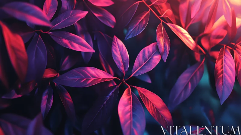 Neon-lit foliage with magenta cyan bicolor cinematic glow.